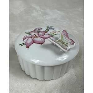 Vintage White Porcelain Trinket Jewelry Box Pink Flowers Applied Pink Butterfly